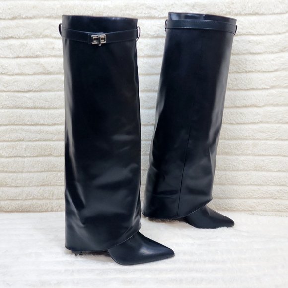 Paris Black Skirted Fold Over 3.5" Block Heel Knee High Boots - Picture 6 of 11